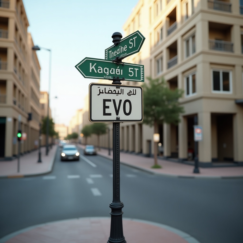 Street sign at the corner of a street displaying EVO text. Set in a city environment with modern architecture. The image highlights interconnections between streets.