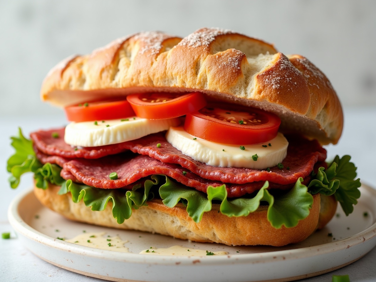 A tempting ciabatta bread sandwich features layers of delicious cooked pastrami, fresh mozzarella, and ripe tomatoes. The sandwich is dressed with a hint of mayonnaise and a bed of crisp lettuce. It is presented on a clean, simple plate, emphasizing its appetizing appeal. Soft, diffused lighting enhances the textures and colors of the ingredients. The background is minimalistic, allowing the sandwich to be the star of the image.