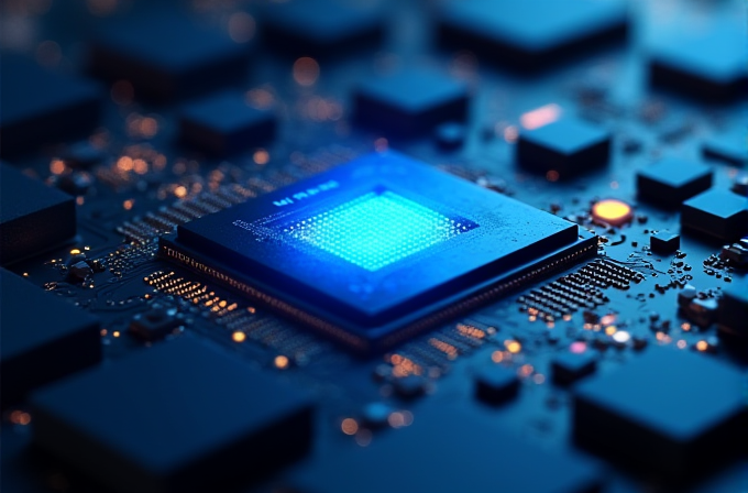 A close-up view of a glowing microchip on a circuit board, surrounded by various electronic components.