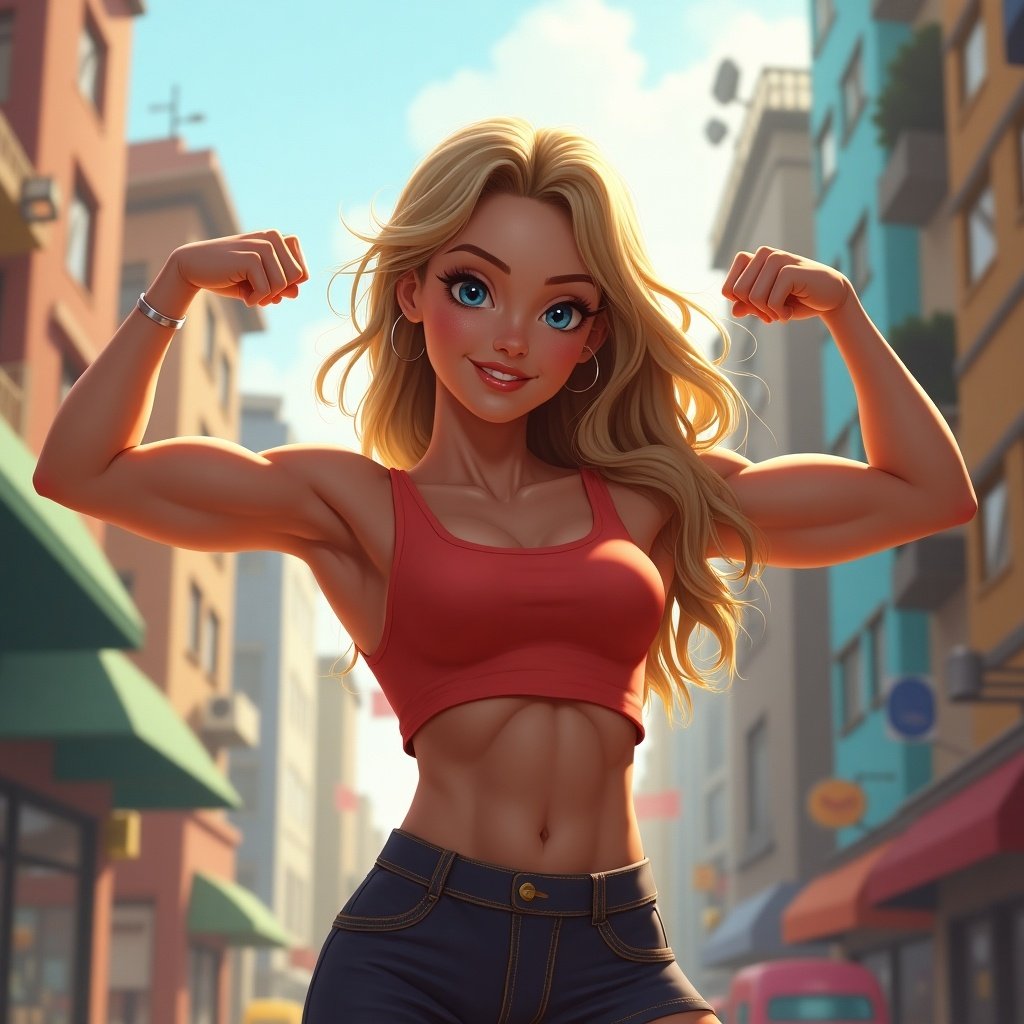 Muscular woman flexing her biceps in a city street. She wears a red tank top and jeans. Background features buildings and shops. Vivid colors and bright lighting.