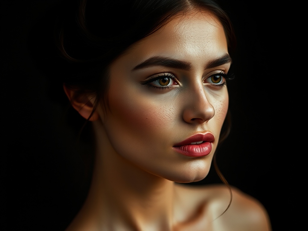 A close-up portrait of a woman with striking features, highlighted by soft, dramatic lighting.