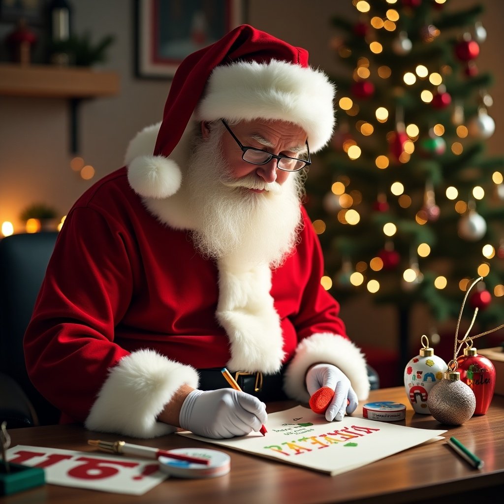 Santa personalizes Christmas baubles by writing Carolina. Scene is festive and cozy with a decorated tree and art supplies nearby.