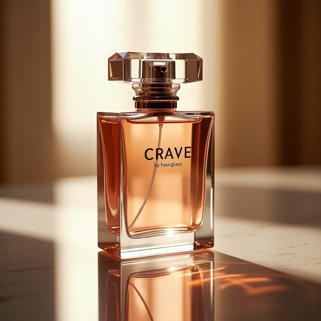 This image features a beautifully crafted perfume bottle, elegantly placed on a reflective surface. The bottle has a rectangular shape with a luxurious design. It prominently displays the label 'CRAVE by hourglass' on the front. Soft lighting enhances the beauty of the glass and the amber liquid inside. The setting creates a sophisticated atmosphere perfect for a high-end fragrance shoot.