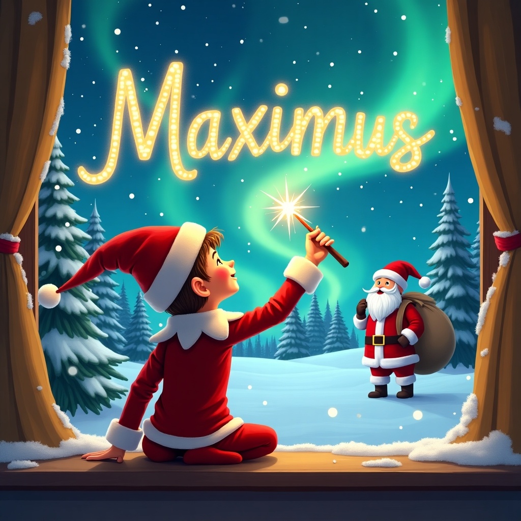 In a winter scene, a cheerful elf sits with his back to the viewer, gazing up at the sky filled with the magical northern lights. He uses a sparkling wand to elegantly write the name 'Maximus' in the air, creating a whimsical effect. In the background, Santa Claus is seen carrying a sack of gifts, enhancing the festive atmosphere. The trees are dusted with snow, adding to the enchanting setting. This illustration captures the magic of Christmas and the playful spirit of holiday traditions. The overall scene is filled with joy and wonder, perfect for celebrating the festive season.