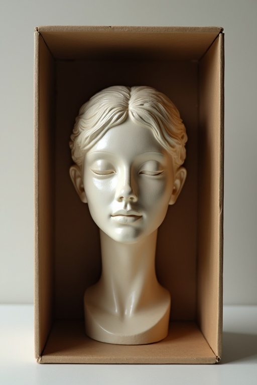 Female mannequin head inside a cardboard box. Neutral background provides focus on the head. The box is simple with no distractions. The head is smooth and features realistic hair texture. Suitable for product display or photography.