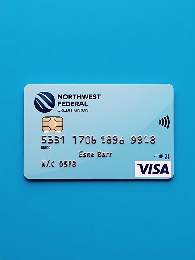 Realistic image of a credit card displays Visa logo. Northwest Federal Credit Union is visible. Card number starts with 5331. Name on the card is Esme Barr. Expiry date is 05/28. Clean blue background complements details.