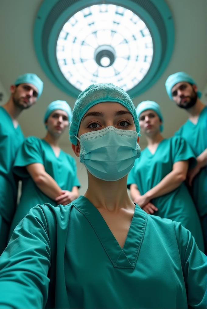 A group of surgeons in green scrubs and masks stand under a large circular ceiling light.