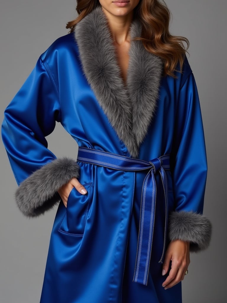 A luxurious royal blue satin robe features a gray fox fur trim. The garment has a tied waist and pockets. The model wears it elegantly. The fabric has a soft and shiny texture.