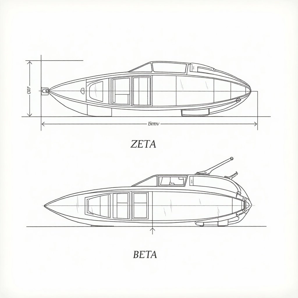 The image presents a technical drawing of the Zeta BR-830. It showcases the boat's side profile along with detailed dimensions. The top section is labeled 'ZETA' and the bottom section is labeled 'BETA.' This diagram is useful for understanding the design and layout of this specific model. It serves as a reference for engineers and designers in the maritime industry.