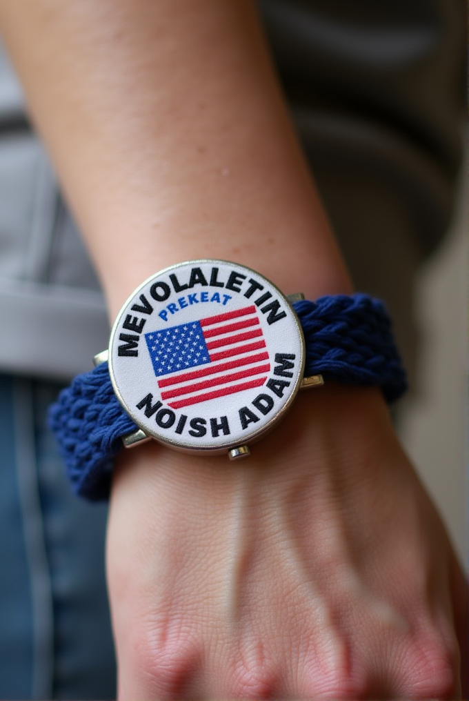 A close-up of a wristwatch with a blue woven strap, featuring an American flag-themed face with nonsensical text.