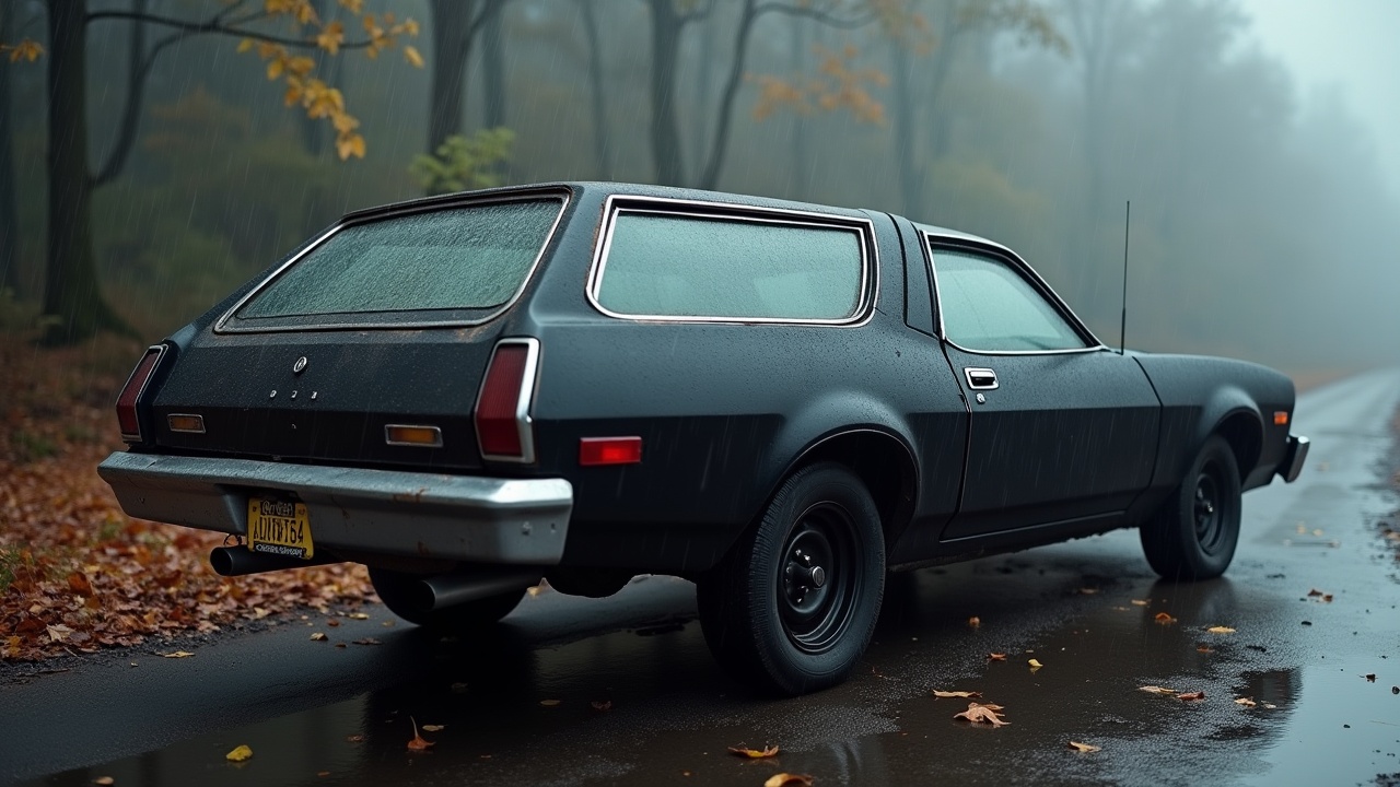 The image features a 1975 Ford Gran Torino wagon in matte black, parked in a foggy forest during fall. The car's surface shows signs of wear, highlighting its vintage appeal. Raindrops can be seen on the windows, adding to the atmospheric feel. The surrounding forest is dense with trees, their leaves showing autumn colors. Soft, diffused light gives the scene a nostalgic and moody tone.