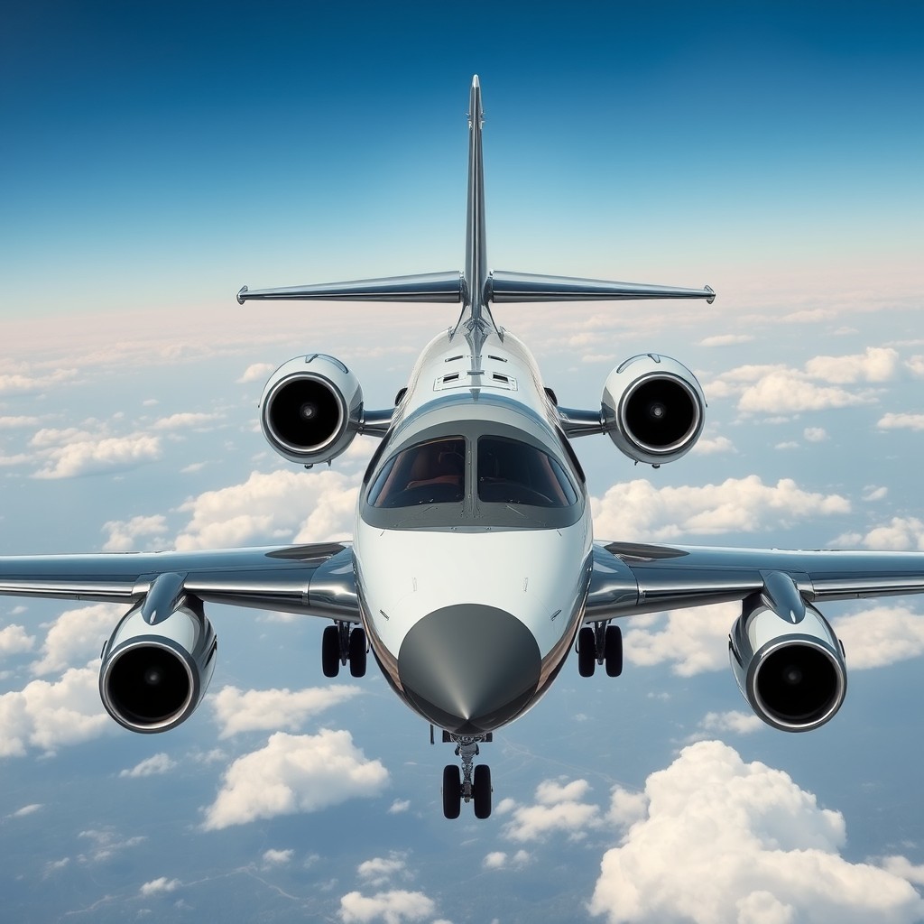 A sleek private jet soars effortlessly above the clouds, framed by a clear blue sky.