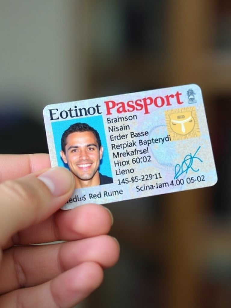 Nevada Passport ID card is shown in a hand. The card features various personal details used for identification. The background is blurred to focus on the ID card.