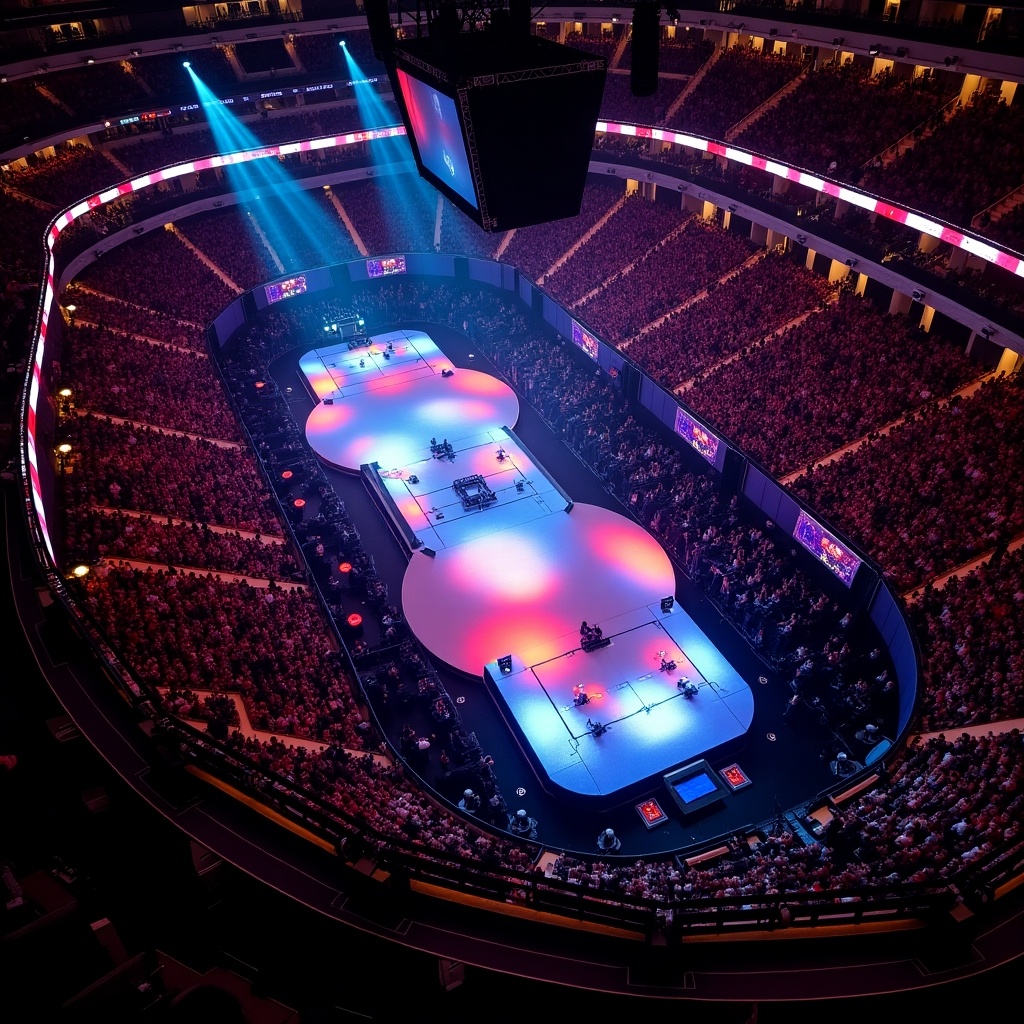 Aerial view of Roddy Rich concert at Madison Square Garden. T stage runway prominently featured. Large crowd filled the arena. Brightly lit stage with dynamic lighting effects.