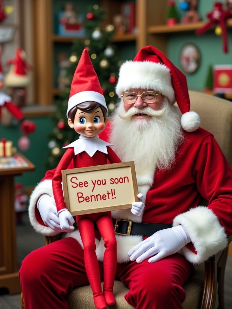 Elf on the Shelf sits beside Santa holding a sign that reads 'See you soon Bennett' in a holiday workshop decorated with colorful toys. Santa wears a classic red suit with a white beard. The atmosphere is warm and festive, ideal for the Christmas season.