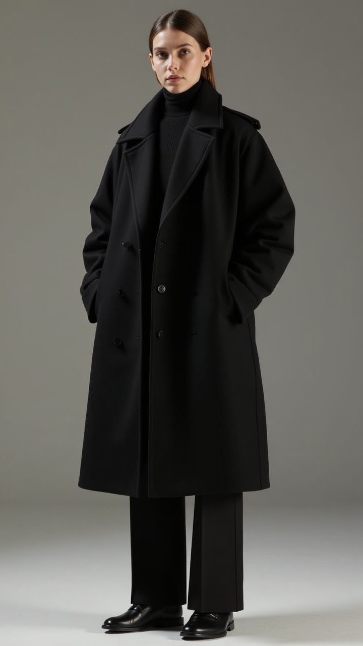 The image presents a fashion model in a chic black overcoat, standing gracefully against a neutral background. The outfit, complemented by black tailored pants and shoes, exudes a minimalist yet sophisticated style. The lighting is soft and even, enhancing the textures and contours of the clothing.