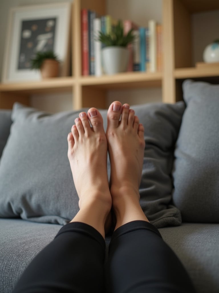 Feet are resting on a gray sofa. Background shows shelves with plants and books. A cozy and relaxed atmosphere is created.