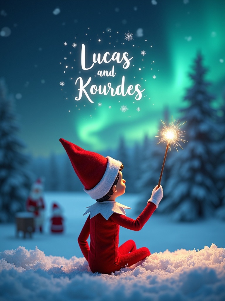 An enchanting Christmas scene with an elf on the shelf. The elf sits facing away and gazes up. It uses a wand to write 'Lucas' and 'Kourdes' in the night sky. The background has northern lights and a glimpse of Santa Claus. Snow covers the ground in a winter wonderland. This moment captures the joy and wonder of the holiday.