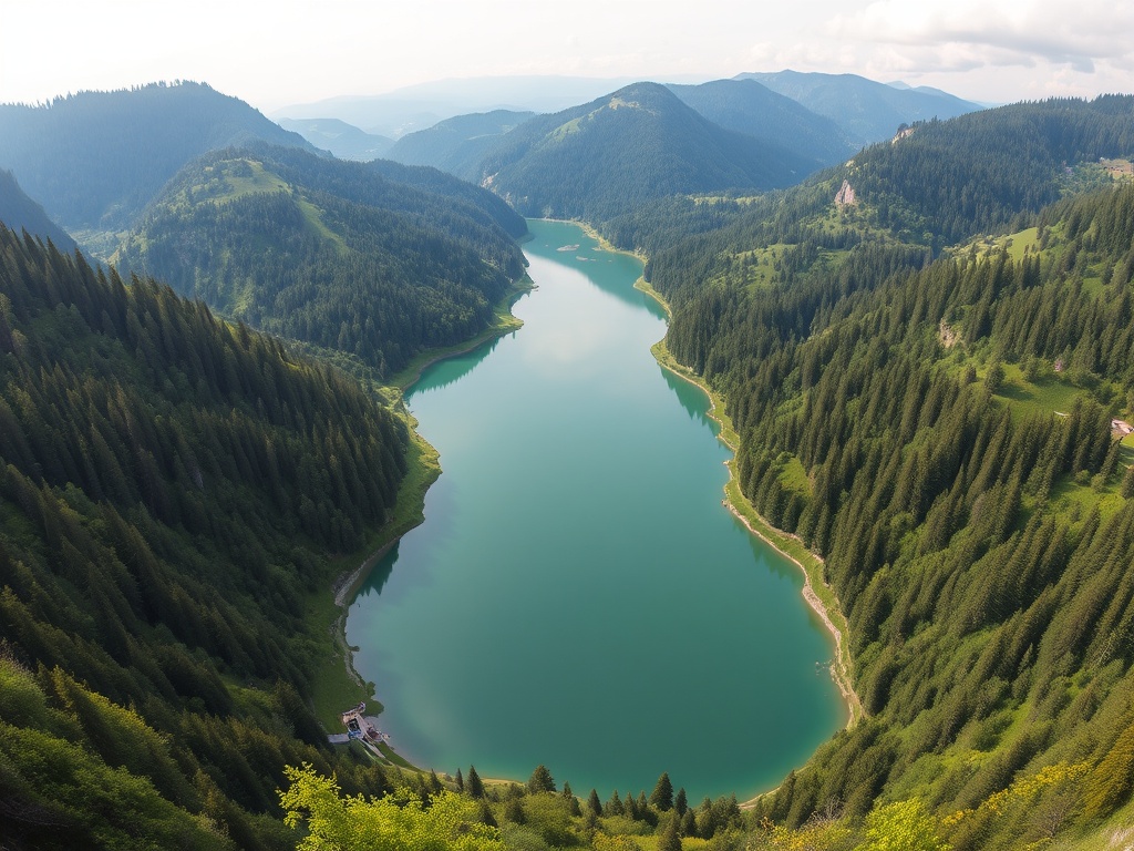 This breathtaking landscape photograph showcases a pristine, emerald-green lake snaking through a lush valley surrounded by dense evergreen forests. The aerial perspective enhances the striking contrast between the deep green waters and the vibrant foliage, while distant mountains provide a majestic backdrop under a haze of clouds.