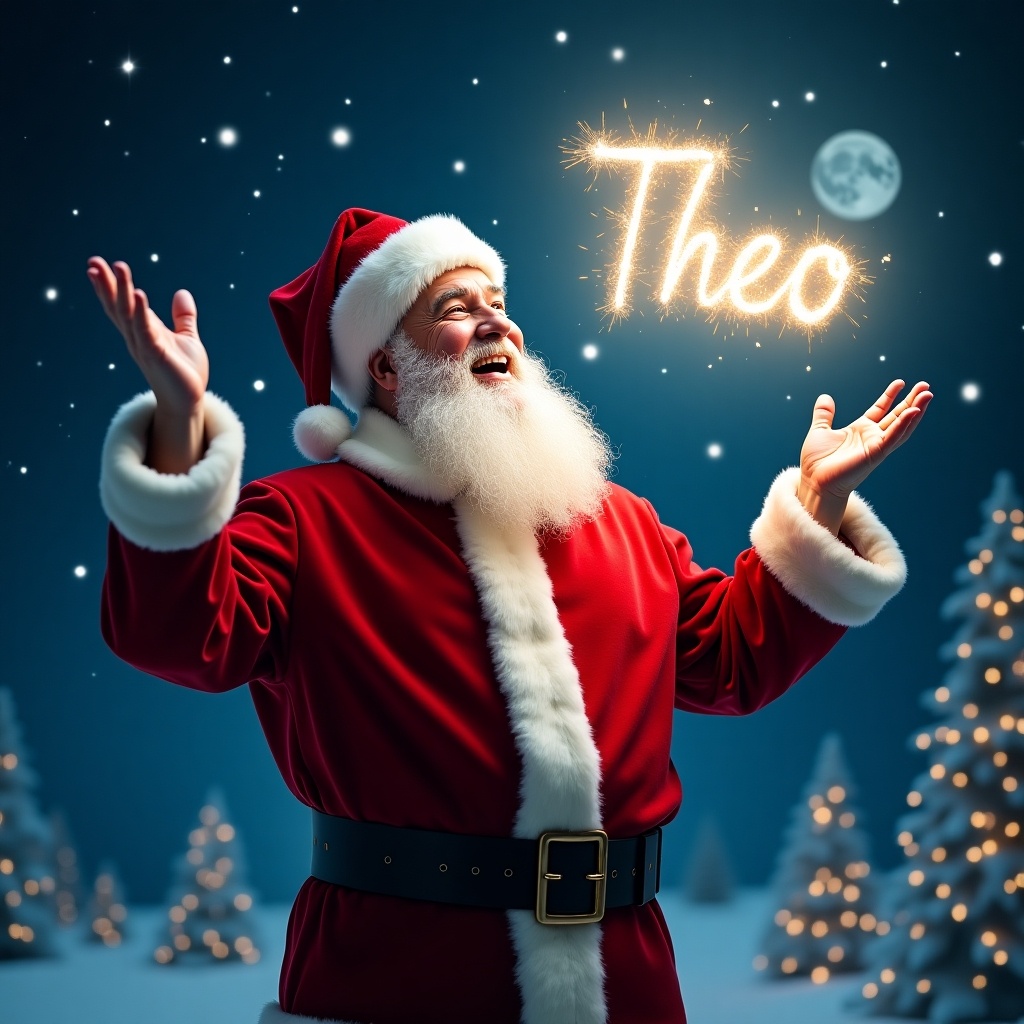 The image features a joyful Santa Claus in his classic red suit and fluffy white trim. He is standing against a magical night sky, with twinkling lights resembling stars in the background. In an enchanting display, he is writing the name 'Theo' in the air with sparkles. The scene is illuminated by a bright moon, adding to the festive ambiance. This artistic portrayal captures the spirit of Christmas and the joy of giving. It could be used in various holiday-themed materials. The image radiates warmth and happiness, embodying the essence of the holiday season. The background is a beautiful night sky with twinkling stars and soft clouds.