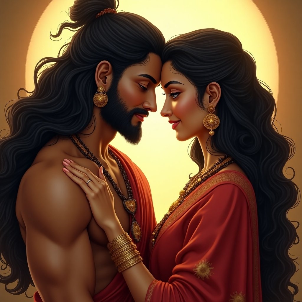 Artwork depicts love of Pandavas and Draupadi. Traditional attire with details. Soft light creates divine aura. Captures emotions of interaction.