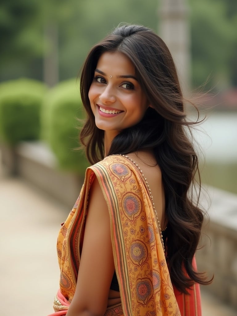 Image features a woman with long hair wearing a saree. She is outdoors and turning with a soft smile.