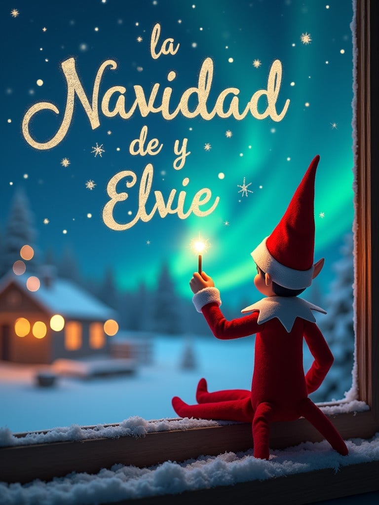 An elf on the shelf sits by a window. The elf is facing the northern lights. The elf holds a wand and writes in the sky. The background features a cozy home in the snow. The text reads La Navidad de y Elvie.