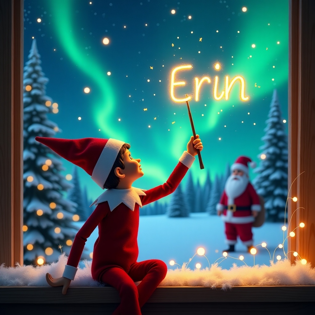 An enchanting scene captures an elf on the shelf with his back to the viewer. He's facing a vibrant night sky, using a wand to write 'Erin' in sparkling letters above him. The background features a magical Christmas setting illuminated by northern lights and decorated snow-covered trees. In the distance, Santa Claus is seen, adding to the festive charm. The atmosphere is filled with wonder and holiday magic as twinkling lights add an extra layer of enchantment.