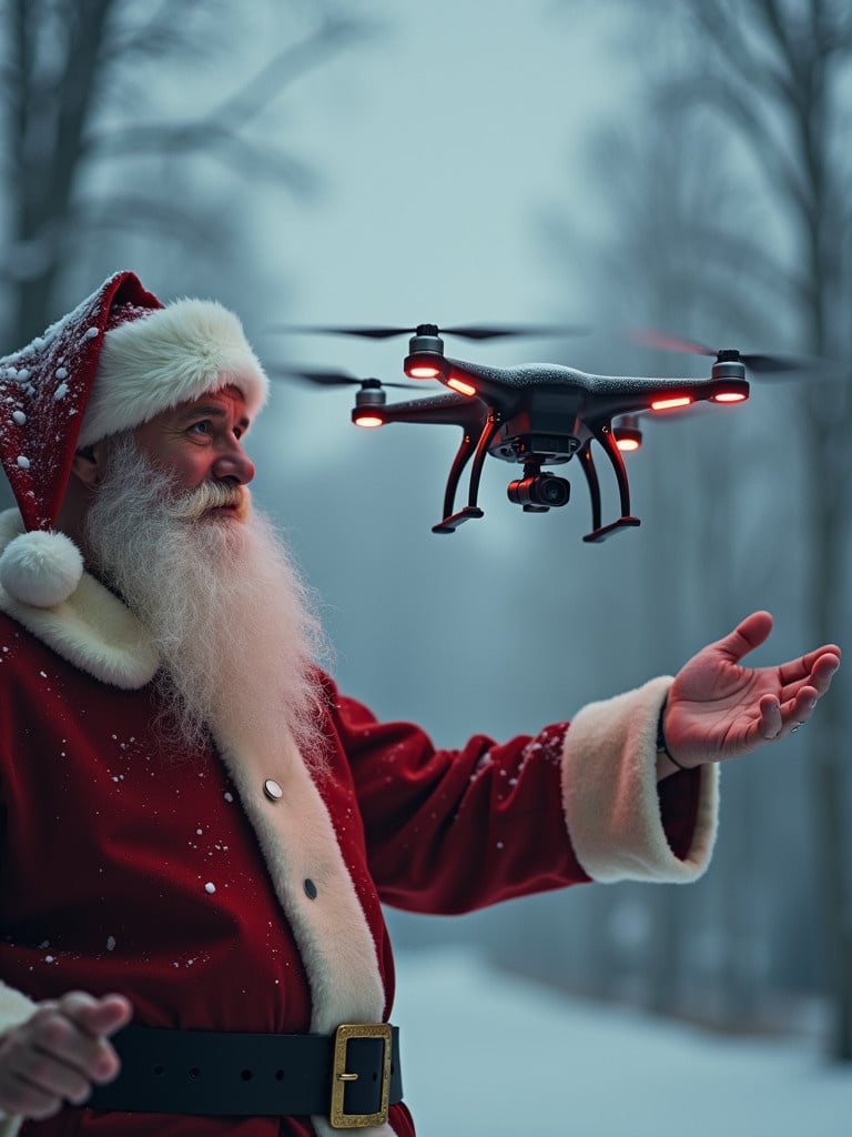 Santa Claus dressed in a red suit with a white beard. A drone hovers in front of him in a snowy outdoor setting. Snow falls gently around the scene. Trees are visible in the background.