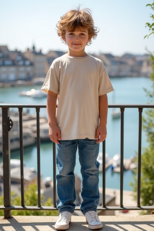 A young boy stands outside on a balcony. He wears a large beige T-shirt with blue jeans and sneakers. He has tousled light brown hair. The background shows a sunny harbor in Normandy with boats near the shore. The scene is peaceful and quiet.