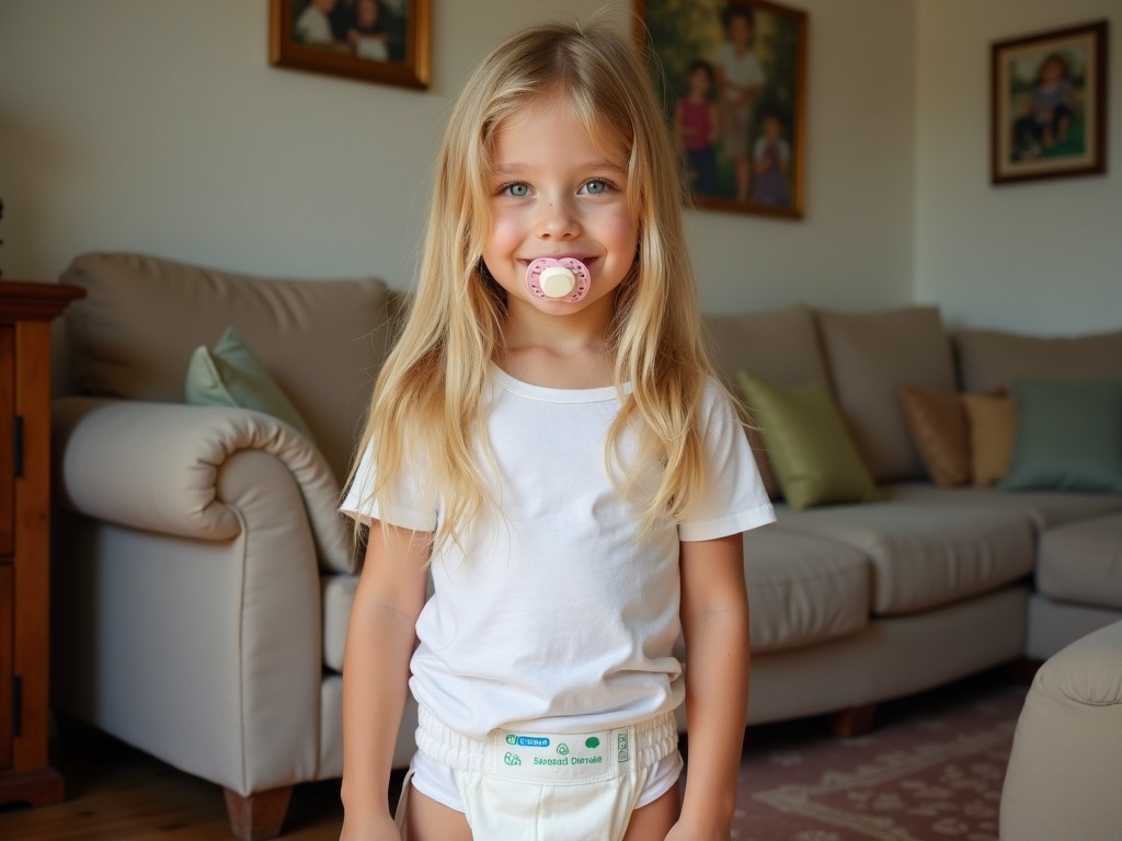 A toddler with long blonde hair, wearing a white shirt and diaper, stands in a cozy living room with a pacifier, smiling gently.