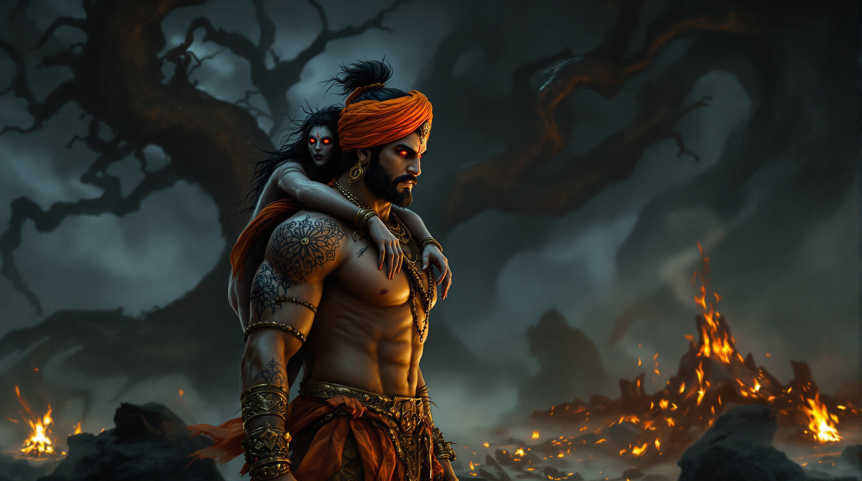 Highly detailed depiction of King Vikramaditya carrying ghostly Vetala in eerie cremation ground. Vikramaditya is a strong regal Indian warrior with chiseled physique intricate tribal tattoos orange turban. Vetala is pale with glowing red eyes unkempt hair hanging lifelessly. Background features twisted peepal tree faint smoke rising from burning pyres swirling mist creating haunting atmosphere.