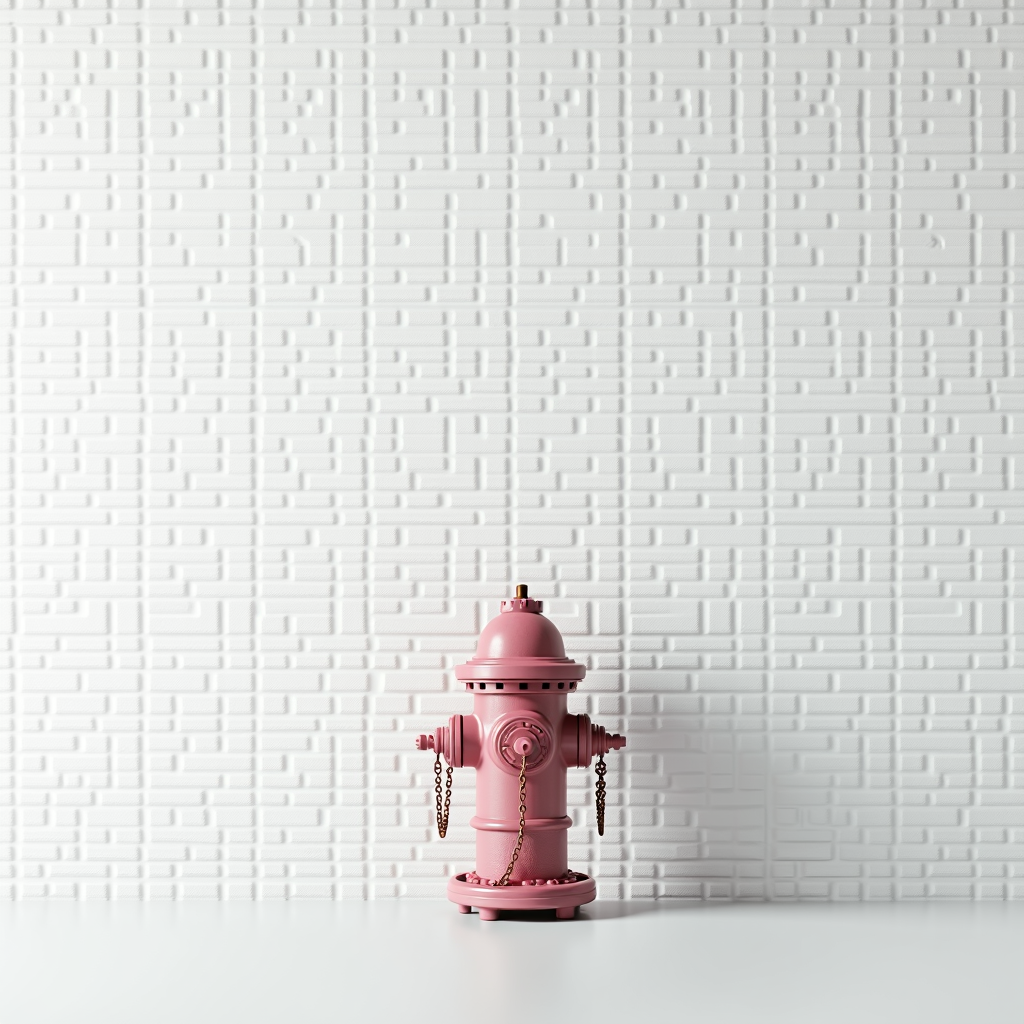 A small pink fire hydrant sits on a white surface against a white textured wall.