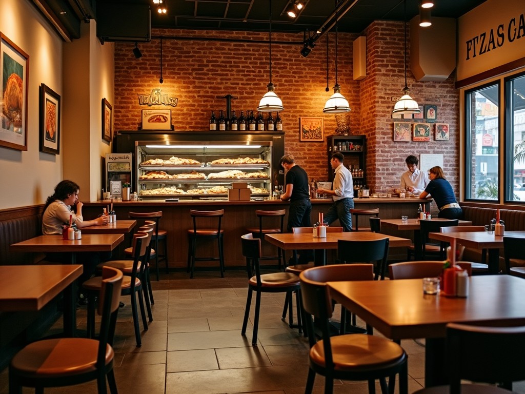 A cozy pizzeria with a brick wall interior, displaying a variety of pizzas on a counter, with a warm and inviting ambiance.