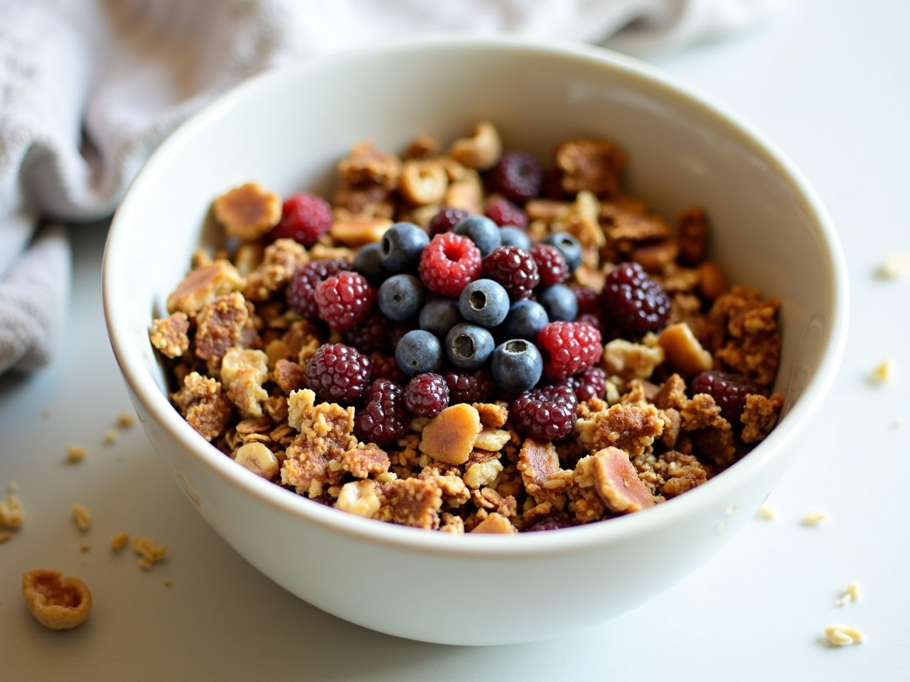 This image features a large white bowl filled with granola, topped with a vibrant arrangement of fresh berries including blueberries, raspberries, and blackberries. The granola appears crunchy and golden brown, while the berries add a pop of color. A hint of honey can be imagined drizzled throughout, enhancing the sweetness of the dish. This appealing breakfast option is perfect for health-conscious individuals looking for a nutritious start to their day. The light, soft textures and colors create a warm and inviting atmosphere suitable for morning meals.