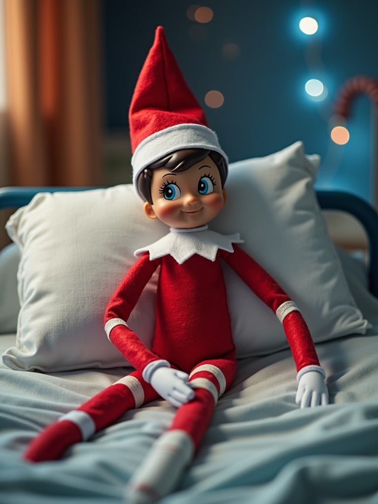 Elf on the Shelf sitting in hospital bed. Wrapped in bandages with splints. Holiday theme at North Pole.