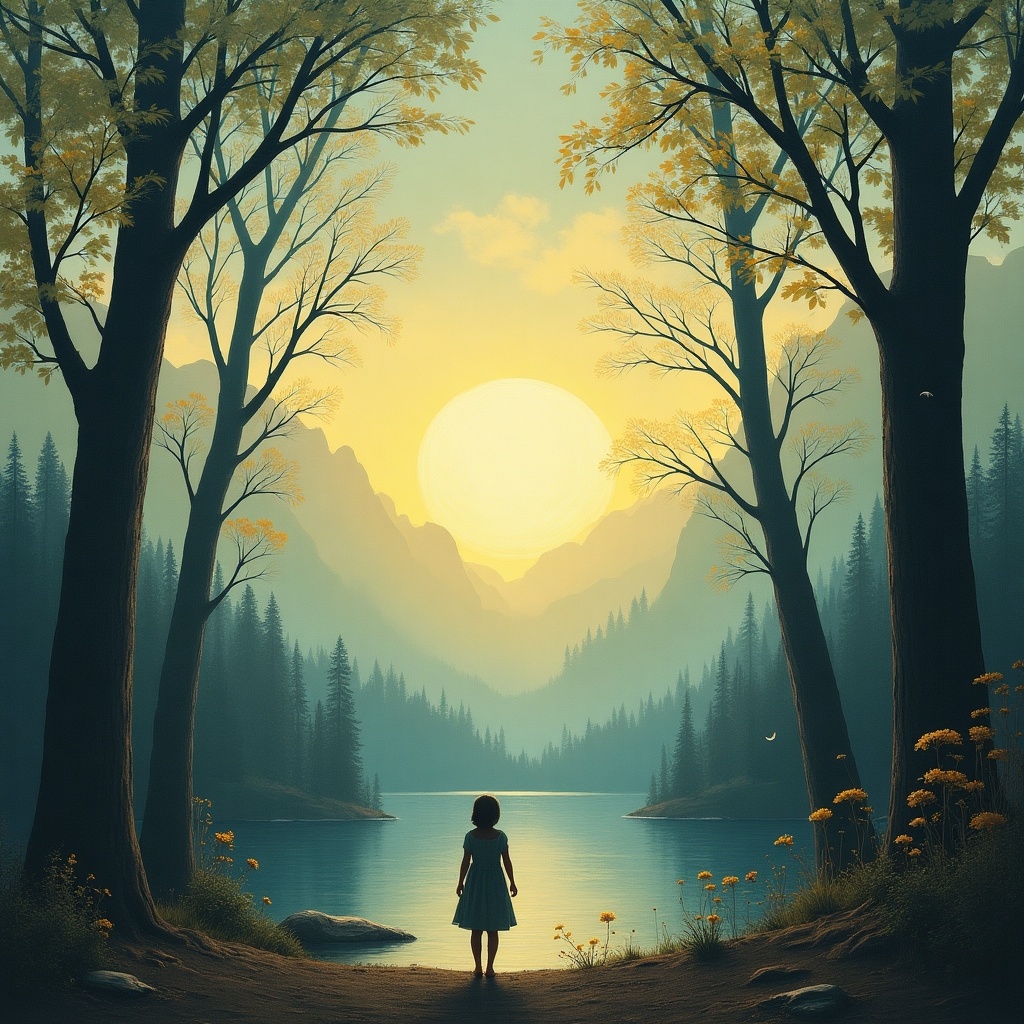 A serene scene with a girl standing by a lake in a forest. The sun rises or sets behind mountains, illuminating the trees. The atmosphere is calm and mystical, with lush greenery and soft light.