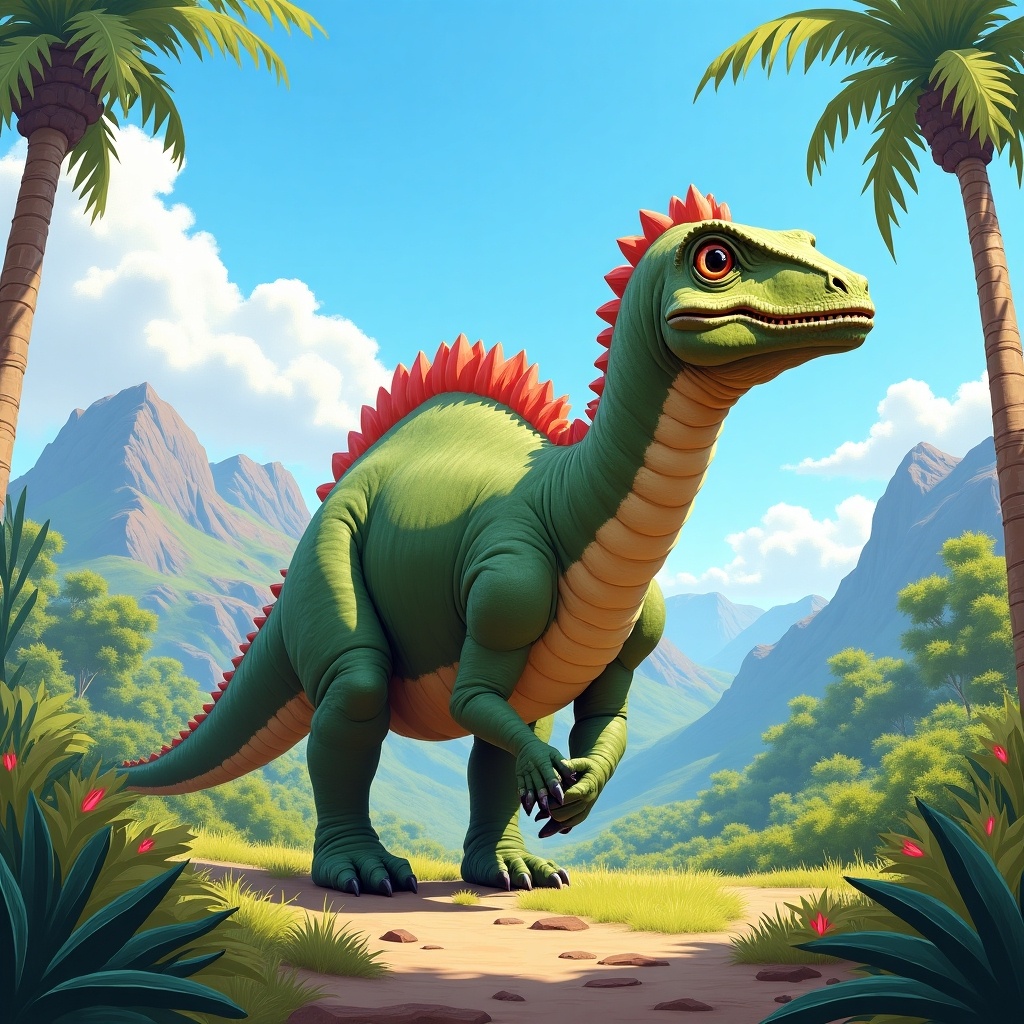 The image features a large iguanodonitae dinosaur in a lush tropical environment. The dinosaur has green skin with some vibrant red spikes along its back. It stands confidently in a clearing, surrounded by palm trees and hilly mountains in the background. The sky is bright blue with fluffy white clouds. This scene evokes a playful and adventurous mood, ideal for a children's book illustration or educational content about dinosaurs.