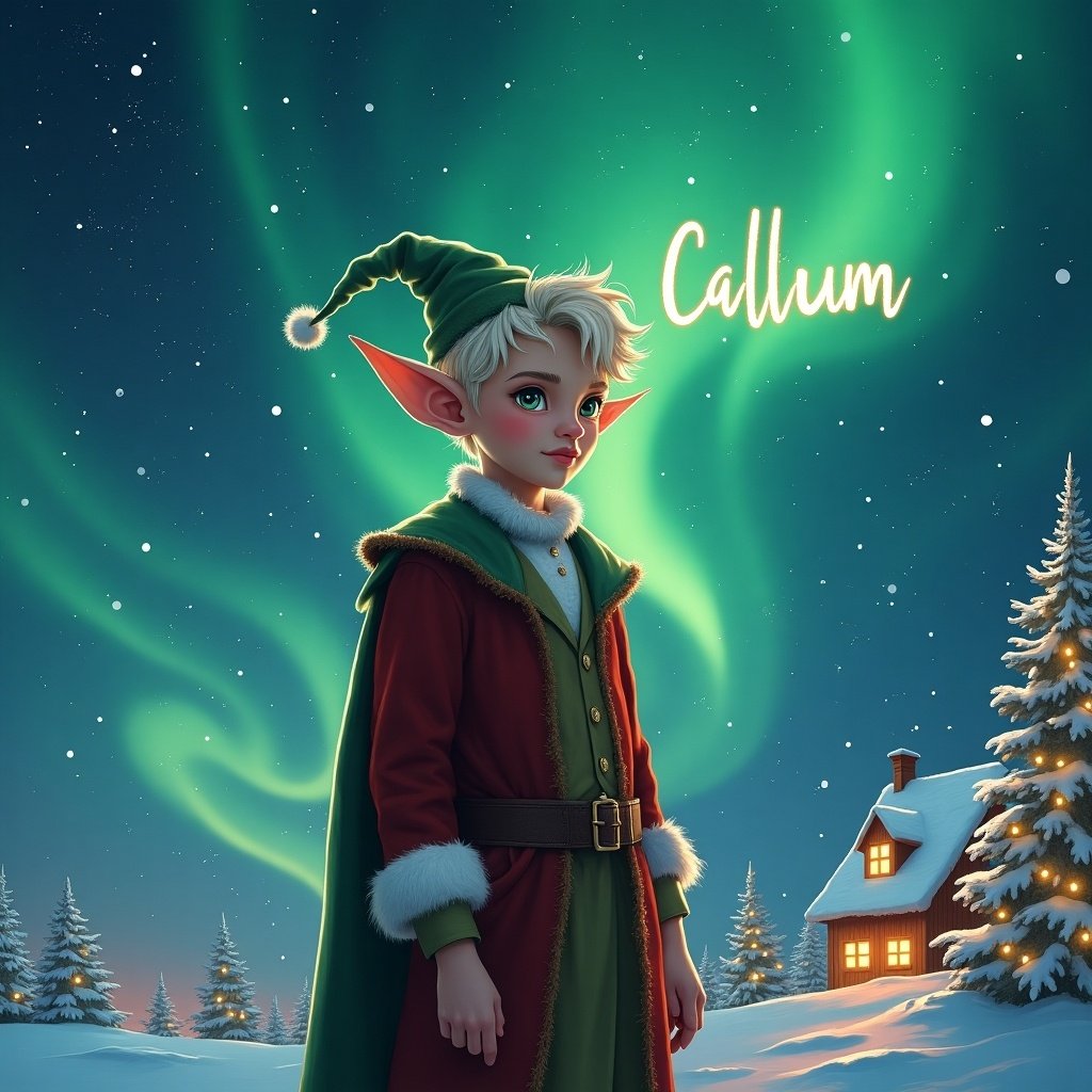 Elf character with back turned. Writing in the sky. Background has northern lights with Santa. Name is Callum.