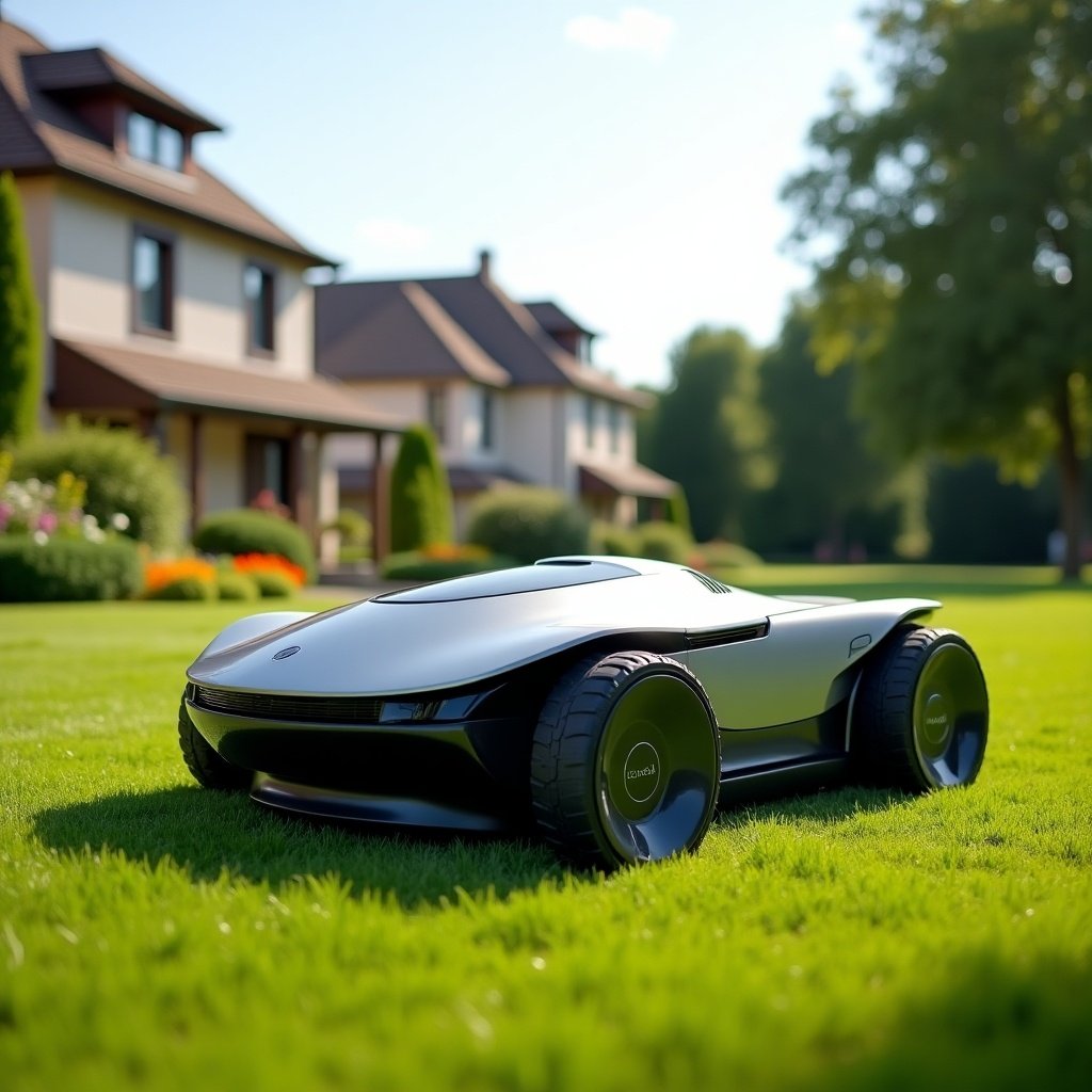 Futuristic robotic mower placed in a garden setting. The mower is sleek and modern, positioned on a well-maintained green lawn. Houses are visible in the background, highlighting a suburban environment.