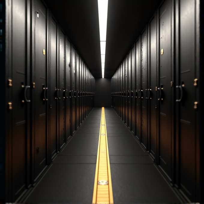 A long corridor in a data center lined with black server racks and illuminated by overhead lights.