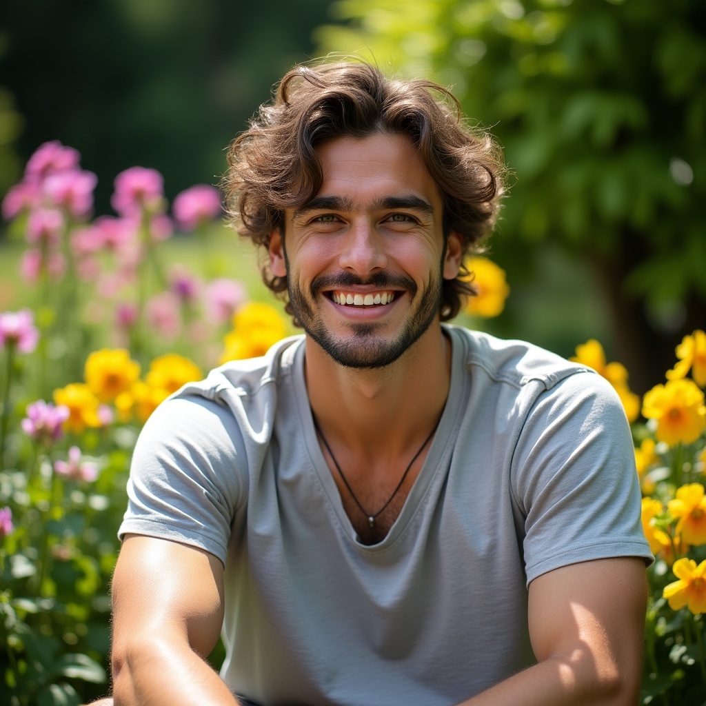 This image features an Italian man, around 28 years old, sitting in a lush garden full of colorful flowers. He is smiling broadly, showcasing an approachable and cheerful demeanor. The background includes vibrant yellow and pink blossoms that enhance the scene's beauty. His casual attire complements the relaxed outdoor environment. Sunlight filters through the greenery, creating a warm and inviting atmosphere.