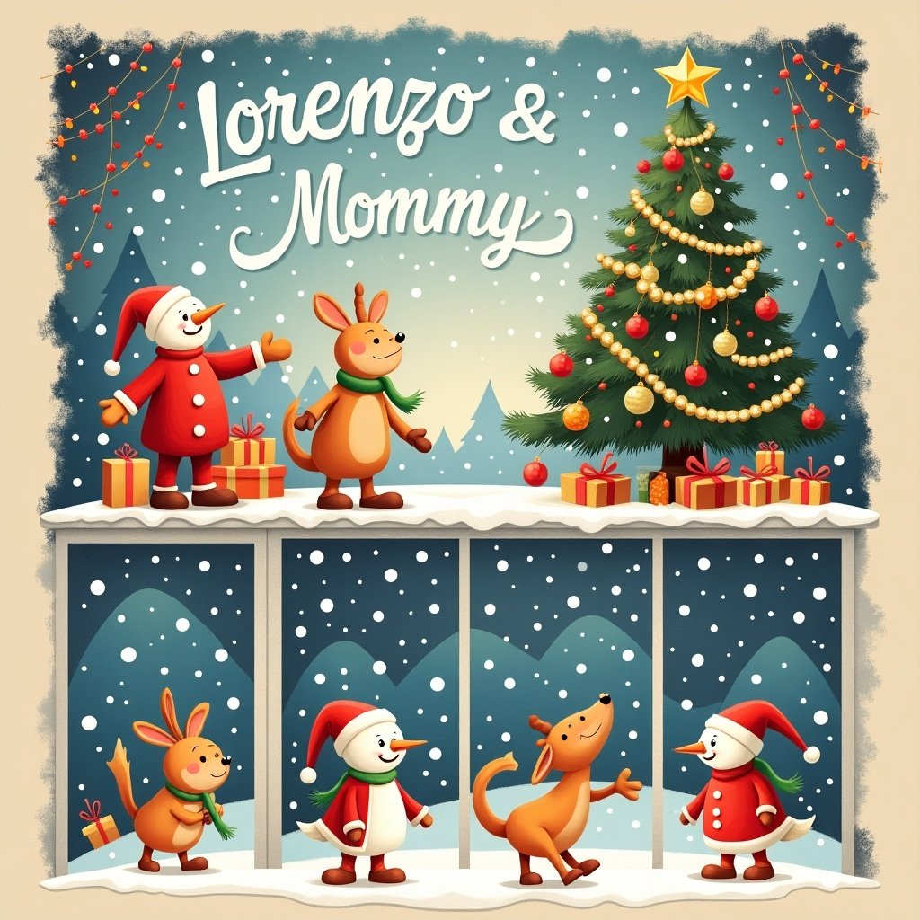 Festive scene with Christmas theme featuring characters like snowmen, rabbits, a kangaroo, and a Christmas tree. Bright colors and cheerful atmosphere celebrate the holiday season with the names Lorenzo and Mommy prominently displayed.