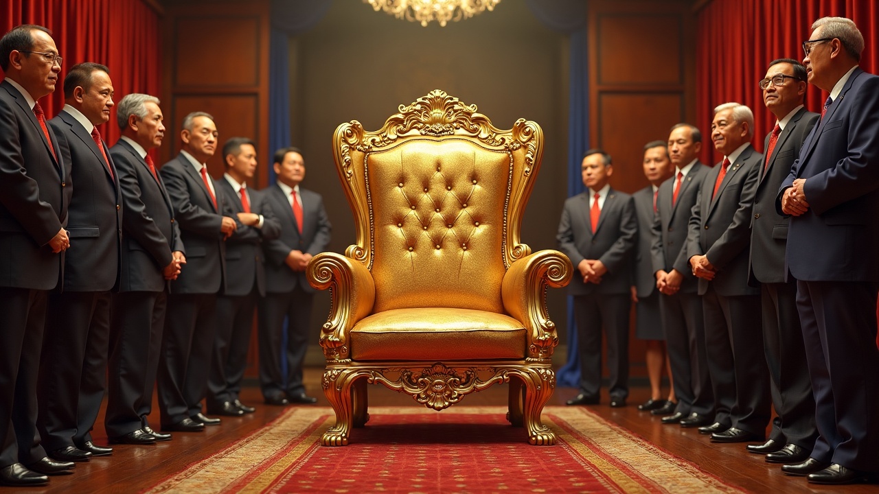 This image depicts a grand, ornate golden throne placed centrally in a richly decorated room with red curtains and a plush carpet. Surrounded by a group of men in formal suits and red ties, the absence of an occupant in the throne creates a sense of anticipation and authority. The polished wooden floor and the detailed chandelier above enhance the opulence of the setting.