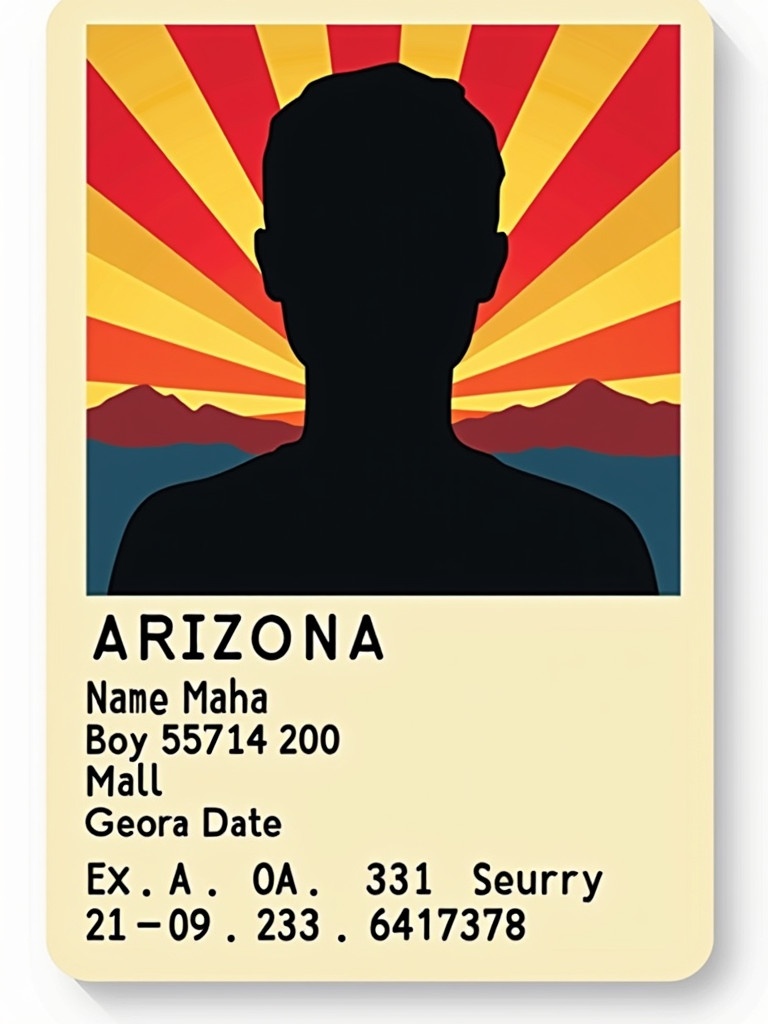 Graphic illustration of Arizona state identification card. Background features a sunset with rays of red and yellow. Black silhouette represents a person. Various fictional details like name and expiry date are printed.