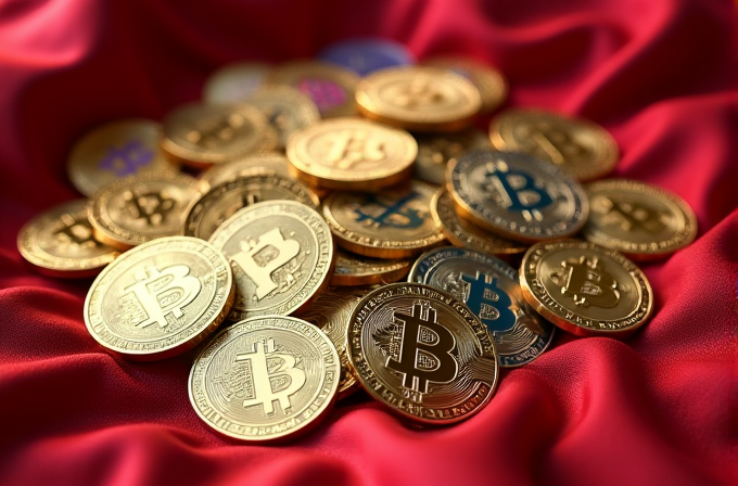 A pile of golden Bitcoin coins rests on luxurious red fabric.