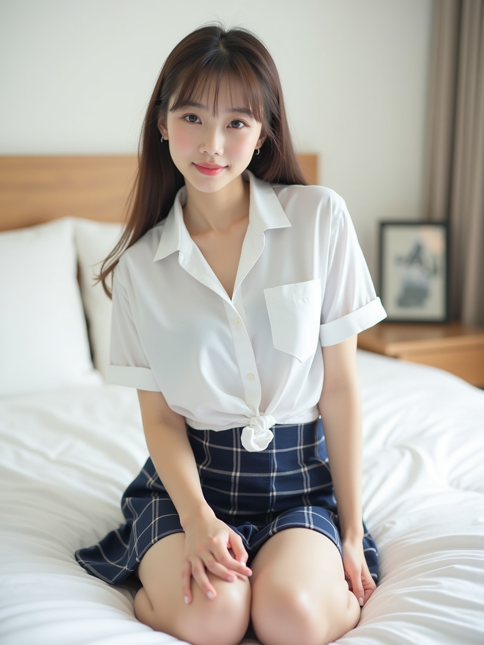 A young woman sits gracefully on a bed, dressed in a casual white shirt and a checkered skirt. Her hair is neatly arranged, and she exudes a calm and pleasant demeanor, fitting in perfectly with the soft, natural light of the room. The background features a minimalist setting, with a framed picture adding a personal touch to the scene.