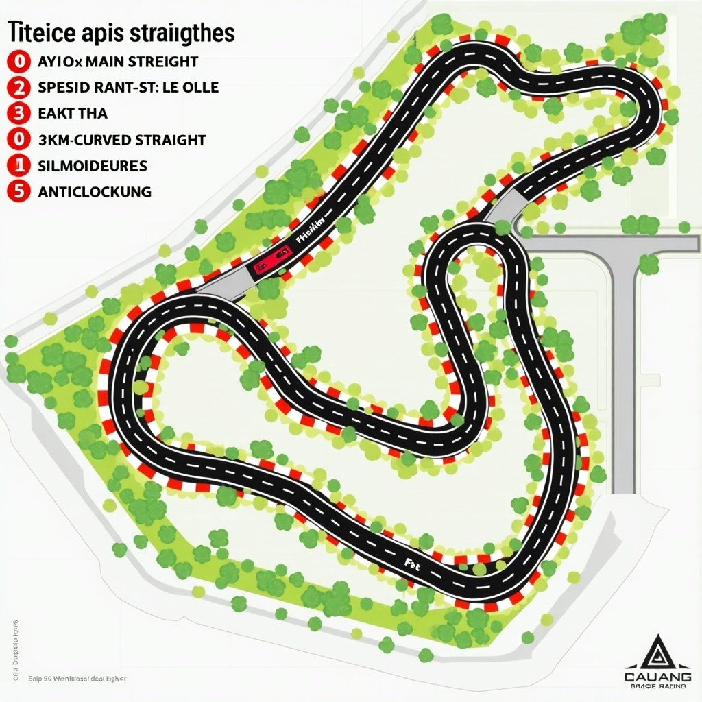 Track features three main straights including 2km main straight, 1km straight, 0.5km curved straight. Total of 18 corners designed for anti-clockwise racing direction. Layout emphasizes straights and challenging curves, suitable for competitive racing events. Image depicts detailed layout.