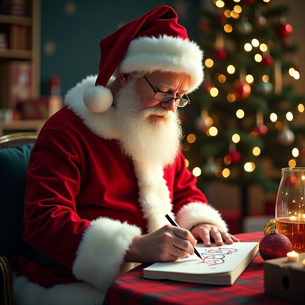 Santa dressed in red and white writing the name Ezra on Christmas baubles. Decorated Christmas tree in the background with warm lighting. Red plaid tablecloth and cozy atmosphere.