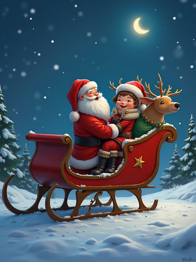 Santa Claus in a red sleigh surrounded by snowy trees. He is with joyful children and a reindeer. The moon is shining in the night sky.